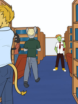 anthro backpack book bookshelf bottomwear clothed clothing footwear furniture group library male male/male necktie pants shirt shoes sofa topwear fuze blaise_(fuze) amphibian frog lagomorph leporid mammal mouse murid murine rabbit rodent 2018 3:4 hi_res