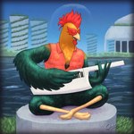 anthro building clothed clothing keyboard keyboard_instrument keytar male musical_instrument musician open_clothing open_topwear open_vest topwear vest cowardlion avian bird chicken galliform gallus_(genus) phasianid 1:1 hi_res