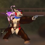 anthro big_breasts breasts clothed clothing cowboy_outfit duo female flying furniture gun handgun pitchfork pose ranged_weapon revolver scarf skimpy table tools weapon alythewolfcat arma_(arma's_quest) gerbera_(arma's_quest) armadillo mammal succubus xenarthran absurd_res hi_res