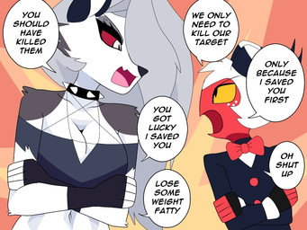 anthro argument black_nose breasts collar duo eyelashes female fingers freckled_face freckles fur grey_hair hair horn long_eyelashes male navel open_mouth pupils red_body red_sclera red_skin spiked_collar spikes text tongue tuft white_body white_eyes white_fur white_hair yellow_sclera carliabot hellaverse helluva_boss mythology loona_(helluva_boss) moxxie_(helluva_boss) canid canid_demon canine demon hellhound imp mammal mythological_canine mythological_creature 2026 4:3 english_text