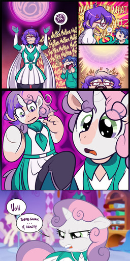 age_regression angry breasts casting_spell clothing dialogue dress duo eyewear female feral glasses green_clothing green_dress green_eyes growth hair horn horn_growth human_to_feral magic open_mouth purple_hair rectangular_glasses simple_background smile species_transformation surprised tail text tf_into_fictional_character transformation young la-frugele friendship_is_magic hasbro my_little_pony mythology sweetie_belle_(mlp) equid equine human mammal mythological_creature mythological_equine unicorn 2025 absurd_res comic digital_media_(artwork) english_text hi_res