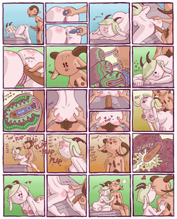 anal anal_penetration anthro bed bodily_fluids body_hair breasts buttplug chest_hair cum dark_body dark_skin duo female female_penetrated furniture genital_fluids genitals hair heart_symbol horn inside internal internal_anal male male/female male_penetrating male_penetrating_female nipples nude nudist pale_skin penetration penile penile_penetration penis penis_in_ass pillow plug_(sex_toy) pubes sex sex_toy sound_effects text x-ray_view puppet_jockey shaggy_haired_pinup_artist faun humanoid absurd_res comic hi_res