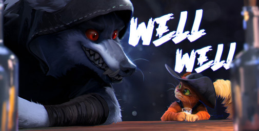 anthro bar bottle clothing container counter cup duo eye_contact fur glass glass_container glass_cup green_eyes grey_body grey_fur grin hat headgear headwear hood looking_at_another male orange_body orange_fur poncho red_eyes screencap screencap_background screencap_redraw showing_teeth size_difference smile whiskers carina_scyrina dreamworks puss_in_boots_(franchise) death_(puss_in_boots) puss_in_boots_(dreamworks) canid canine canis domestic_cat felid feline felis mackerel_tabby mammal tabby_cat wolf detailed hi_res