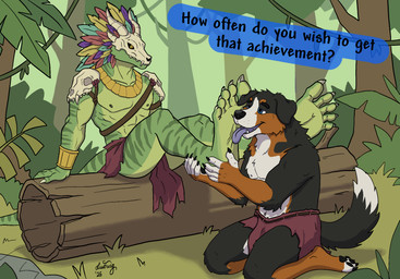 5_fingers 5_toes abs anthro athletic athletic_anthro athletic_male blue_eyes bone bone_mask bottomwear bracelet canine_nose clothing dialogue dominant dominant_male duo fangs feet fingers fluffy foot_fetish foot_focus foot_grab foot_lick foot_on_face foot_play forest fur green_body holding_feet humanoid_feet jewelry kneeling licking loincloth looking_pleasured magic_user male male/male mask musclegut muscular necklace nipples pecs plant plantigrade scales shaman sitting skull skull_head speech_bubble submissive submissive_male talking_to_another teeth text toes tongue tree tribal tribal_clothing tribal_spellcaster yellow_eyes ludwig_the_sergal_(artist) terraria nelik witch_doctor_(terraria) bernese_mountain_dog canid canine canis domestic_dog lihzahrd mammal molosser mountain_dog scalie swiss_mountain_dog english_text hi_res