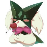 3_fingers ambiguous_gender anthro apple blush blush_stickers candy candy_apple dessert eyes_closed fingers food frill_(anatomy) front_view fruit fur green_body green_fur happy head_tuft holding_apple holding_candy holding_food holding_fruit holding_object jagged_mouth kemono mask neck_frill pink_nose pink_tongue plant simple_background smile solo tongue tongue_out tuft white_background suru56nee nintendo pokemon felid feline generation_9_pokemon mammal meowscarada pokemon_(species) 1:1 2024 bust_portrait colored portrait shaded signature