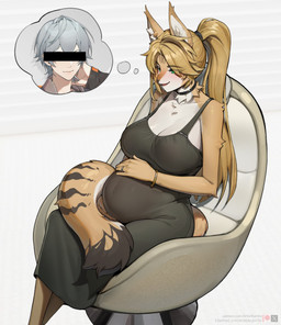 5_fingers accessory anthro big_breasts blush breasts censor_bar chair clothing collar female fingers furniture hair hair_accessory hairband happy holding_belly interspecies interspecies_pregnancy long_hair married married_woman mature_female ponytail pregnant pregnant_anthro pregnant_female simple_background sitting solo tail kambo mihoyo zenless_zone_zero pulchra_fellini wise_(zenless_zone_zero) domestic_cat felid feline felis human mammal thiren 2025 digital_drawing_(artwork) digital_media_(artwork) hi_res