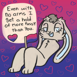 amputee anthro bisexual_pride_colors blue_eyes blue_inner_ear blue_mouth dialogue disability female flag flag_(object) fur gradient_background heart_symbol holding_flag holding_object lgbt_pride long_ears pride_color_background pride_color_flag pride_colors pride_heart simple_background smug solo speech_bubble tan_body tan_fur teeth text young young_anthro bunnyqueen dot_(bunnyqueen) lagomorph leporid mammal rabbit 1:1 english_text flat_colors hi_res