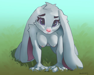 all_fours anthro big_ears biped breasts female female_anthro floppy_ears front_view fur genitals grey_body grey_fur hanging_breasts huge_ears looking_at_viewer lop_ears medium_breasts nipples nude nude_anthro nude_female outside solo thick_thighs vulva wide_hips sackrany disney zootopia judy_hopps european_rabbit lagomorph leporid mammal oryctolagus rabbit