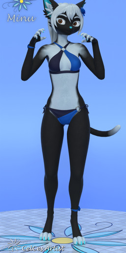 anthro bikini black_body black_tail blue_bikini blue_clothing blue_ears blue_nails blue_nose blue_swimwear breasts brown_eyes clothing colored_nails ears_up eyebrows eyelashes female front_view fur hair looking_at_viewer nails pose solo swimwear tail thin_tail two-piece_swimsuit white_body white_fur white_hair celces_(artist) minu_(celces) felid feline mammal 3d_(artwork) digital_media_(artwork) hi_res