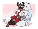 anthro black_nose blush clothing duo fur hug hugging_another hugging_from_behind male male/male necktie shirt topwear underwear white_body white_fur eclipticafusion aggretsuko sanrio haida_(aggretsuko) shirota_(aggretsuko) bear hyena mammal polar_bear spotted_hyena ursine 2019 4:3