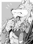 abs anthro beads collar eyes_closed fur hand_wraps humanoid_hands mace magatama male melee_weapon solo weapon wraps nao901 sdorica law_(sdorica) canid canine canis mammal wolf 2020 3:4 greyscale hi_res monochrome