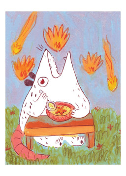 ambiguous_gender anthro bowl breath_powers container cutlery detailed_background eating eating_food elemental_manipulation fire fire_breathing fire_manipulation food furniture grass holding_spoon kitchen_utensils open_mouth plant semi-anthro sitting solo soup spicy_food spoon table tail teeth tools osier_forest american_opossum mammal marsupial virginia_opossum 2023 hi_res