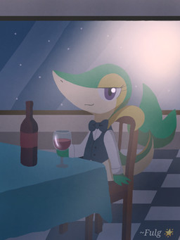 alcohol beverage chair clothed clothing container detailed_background female furniture glass green_body green_skin holding_container holding_glass holding_object inside light moonlight night purple_eyes sitting sky solo star starry_sky wine fulgito_ast nintendo pokemon vinivy_(fulgito) generation_5_pokemon pokemon_(species) snivy 2025 3:4 hi_res