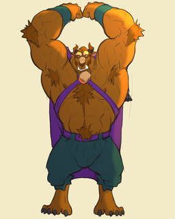 2_horns anthro blue_eyes body_hair brown_body brown_fur cape clothing fangs flexing fur hairy_armpits happy_trail harness horn male muscular muscular_anthro muscular_male teeth rickleone beauty_and_the_beast disney beast_(disney) beast_(disambiguation) himbo 4:5 hi_res