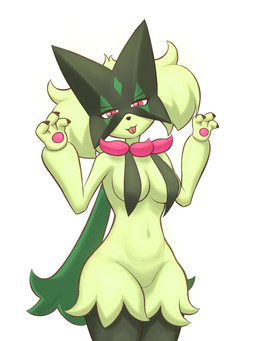 anthro anthrofied belly biped blep breast_curtains breasts cape claws clothing eyebrows eyelashes featureless_crotch female female_anthro fur gesture green_body green_fur green_hair green_mask hair head_tilt looking_at_viewer mask medium_breasts navel pawpads pink_eyes pink_pawpads pokemorph simple_background solo standing text thick_thighs tongue tongue_out white_background additionalespeon333 nintendo pokemon felid feline generation_9_pokemon mammal meowscarada pokemon_(species) 2026 absurd_res artist_name colored digital_drawing_(artwork) digital_media_(artwork) hi_res portrait shaded