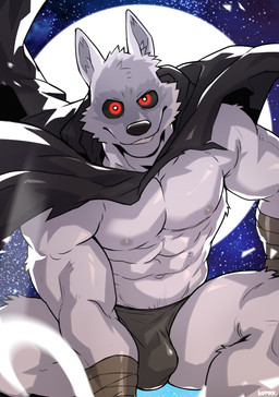 abs anthro black_sclera bulge cloak clothed clothing fur grey_body grey_fur holding_object holding_weapon looking_at_viewer male melee_weapon moon muscular muscular_anthro muscular_male nipples open_mouth pecs red_eyes sickle smile solo teeth topless topless_anthro topless_male underwear weapon kumak71395 dreamworks puss_in_boots_(franchise) death_(puss_in_boots) canid canine canis mammal wolf 2023 hi_res
