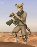 anthro binoculars blue_eyes bottomwear clothing desert fur holding_object male markings patrol shirt shorts sky solo spots spotted_body spotted_fur topwear uniform rov felid leopard mammal pantherine 2023 4:5 hi_res signature