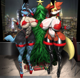 anthro areola big_breasts bikini black_choker black_clothing black_footwear black_hair black_high_heels black_jewelry black_latex black_legwear black_necklace black_thigh_boots black_thigh_highs blue_body blue_fur blue_highlights blush bodily_fluids boots breasts choker christmas_present christmas_tree clothing colored_nails duo female fingernails fishnet_clothing fishnet_legwear fishnet_pantyhose footwear fur garter_straps gift grey_body grey_fur hair high_heeled_boots high_heels highlights_(coloring) holidays huge_breasts jewelry latex latex_boots latex_clothing latex_footwear latex_legwear latex_shrug_(clothing) latex_thigh_boots latex_thigh_highs latex_topwear legwear markings mole_(marking) mole_on_breast multicolored_body multicolored_fur multicolored_hair nails necklace nipple_outline orange_body orange_fur pantyhose plant platform_footwear platform_heels purple_highlights red_bikini red_choker red_clothing red_eyes red_fingernails red_footwear red_hair red_high_heels red_jewelry red_nails red_necklace red_swimwear red_thong red_underwear shoes shrug_(clothing) sweat swimwear tail tan_body tan_fur thick_thighs thigh_boots thigh_highs thong topwear tree two-piece_swimsuit underwear white_body white_fur wide_hips yellow_body yellow_fur maned_kitsune christmas nintendo pokemon delphox generation_4_pokemon generation_6_pokemon generation_7_pokemon hybrid lucario lycanroc midnight_lycanroc pokemon_(species) 2025 hi_res