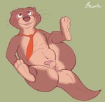 anthro anus balls blush brown_body clothing genitals looking_up male mature_male mostly_nude necktie nipples nude open_mouth penis presenting simple_background small_penis solo tongue brownieclop disney zootopia emmitt_otterton lontra mammal mustelid north_american_river_otter otter river_otter absurd_res digital_media_(artwork) hi_res