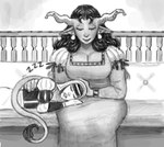 accessory bench bent_arm big_breasts black_clothing black_shirt black_tail_tuft black_topwear breasts cleavage closed_smile clothed clothed_female clothed_humanoid clothing dress duo ear_piercing ear_ring eyelashes eyes_closed female female_human female_humanoid fully_clothed fully_clothed_female fully_clothed_humanoid furgonomics grey_clothing grey_dress grey_tail hair hand_on_back hand_on_head hand_on_leg hand_on_thigh head_on_lap horn horn_accessory humanoid_pointy_ears larger_female larger_humanoid light long_hair long_tail lying mouth_closed on_bench on_lap on_side piercing pointy_ears railing ring_piercing shirt simple_background sitting sitting_on_bench size_difference sleeping smaller_female smaller_human smile sound_effects tail tail_tuft topwear tuft vowelless vowelless_sound_effect wavy_hair white_background white_body white_skin zzz bingoblin lukka_(bingoblin) sunshine_(bingoblin) demon demon_humanoid horned_humanoid human humanoid mammal tailed_humanoid 2025 digital_drawing_(artwork) digital_media_(artwork) english_description greyscale hi_res lighting monochrome shaded