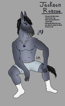 anthro biped blue_body blue_fur boxer_briefs boxers_(clothing) bulge chain_necklace chained_collar clothing detailed_bulge erection erection_under_clothing facial_piercing footwear fur genital_outline hair jewelry long_hair male male_anthro muscular muscular_male necklace nipples nose_piercing penis_outline piercing plantigrade septum_piercing shy socks solo text underwear malwarewolf404 nike jackson_(malwarewolf404) equid equine horse mammal absurd_res english_text hi_res model_sheet