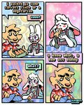 4_panel_comic abstract_background aloha_shirt anthro bow_tie brown_body brown_fur carrot clothing crossed_arms dialogue duo ears_down eating eyebrows eyes_closed femboy food fur grin male overalls pattern_clothing pattern_shirt pattern_topwear pivoted_ears plant purple_eyes raised_eyebrow shirt smile teeth text tooth_gap topwear vegetable white_body white_fur rawdawgcomics bingus_(rawdawgcomics) stahli_(rawdawgcomics) canid canine canis domestic_dog lagomorph leporid mammal rabbit 2025 artist_name comic digital_media_(artwork) english_text hi_res