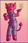 ambiguous_gender anthro belt border cigar cigarette clothing employee employee_uniform glare heart_tail horn hotel hotel_staff imp_tail object_in_mouth pacifier pacifier_in_mouth pose purple_border red_body smoking solo staff tail uniform wiprogress dakota_(wiprogress) demon imp nonbinary_(lore)