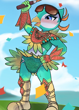 4_fingers anthro armor aroused aroused_smile beaded_breastplate beaded_clothing beads beak blue_eyes blush blush_lines bodily_fluids boots bottomwear breastplate cloth_diaper clothed clothing cloud confetti crop_top diaper diaper_fetish diaper_under_clothing diaper_under_skirt diaper_use dripping_urine exposed_diaper eye_markings eyeliner eyewear eyewear_on_head facial_markings feathered_breastplate feathered_clothing feathered_skirt feathers femboy fingers flamboyant footwear full_diaper gauntlets gem genital_fluids glistening glistening_eyes gloves golf golf_club golf_course gradient_arms gradient_body gradient_legs grass grass_field green_arms green_body green_clothing green_crop_top green_diaper green_face green_feathers green_hands green_legs green_shirt green_topwear hand_on_hip hand_on_own_hip handwear head_markings hill humanoid_hands leaking_diaper makeup male markings mask_(marking) midday midriff multicolored_body multicolored_feathers open_beak open_mouth open_smile orange_body orange_feathers peeing plant plantigrade raised_arm raised_bottomwear raised_clothing raised_skirt red_breastplate red_clothing red_gauntlet samba_outfit shirt shoes skirt sky skyscape smile solo sparking_cloth_diaper sparkles sparkling_clothing sparkling_diaper sport sunglasses sunglasses_on_head tan_boots tan_clothing tan_footwear tongue topwear tournament unclean_diaper urine urine_drip used_diaper using_diaper victory victory_pose wardrobe_malfunction wearing_diaper wet_diaper wetting wetting_diaper white_body white_eye_markings white_face white_facial_markings white_feathers white_head_markings white_markings white_mask_markings white_torso wind wind_lift yellow_beak milklemon5127 bird_body_(nintendo_switch_sports) avian bird absurd_res colored digital_drawing_(artwork) digital_media_(artwork) hi_res