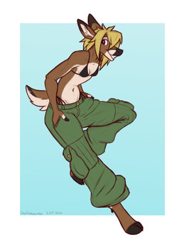 anthro bikini bikini_bottom bikini_top black_nose blonde_hair bottomwear breasts brown_body brown_fur cargo_pants clothed clothed_anthro clothed_female clothing crotch_lines female fur hair hooves midriff navel pants side_view small_breasts solo swimwear thong_straps two-piece_swimsuit dansharkman dawn_(dansharkman) deer mammal 3:4 hi_res