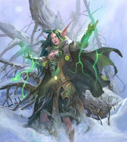 armor braided_hair breasts clothing female fingerless_gloves gloves green_hair hair handwear humanoid_pointy_ears long_hair looking_at_viewer magic not_furry outside plant pointy_ears snow solo standing tree jesper_ejsing blizzard_entertainment warcraft elf humanoid night_elf hi_res official_art