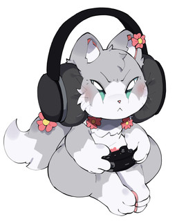 ambiguous_gender controller dipstick_tail electronics feral flower front_view fur game_controller gloves_(marking) grey_body grey_fur grey_tail headphones holding_controller holding_game_controller holding_object inner_ear_fluff leg_markings markings mouth_closed multicolored_body multicolored_fur plant semi-anthro simple_background sitting socks_(marking) solo tail tail_markings tuft whiskers white_background white_body white_fur white_inner_ear_fluff abyss_creature_(artist) domestic_cat felid feline felis mammal 2026 4:5 absurd_res full-length_portrait hi_res korean_description portrait