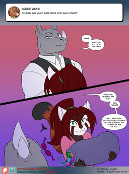 anthro ask_blog black_nose bra breasts clothing duffel_bag duo ear_piercing ear_ring female fur grey_body grey_skin hair male piercing red_body red_fur red_hair ring_piercing shirt text topwear underwear vest conditional_dnp kadath ruby_(kadath) vince_(kadath) ailurid mammal red_panda rhinoceros comic english_text hi_res