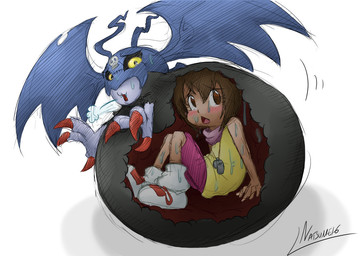 after_vore belly big_belly blue_body brown_eyes brown_hair clothing duo female female_prey hair male male_pred overweight shirt simple_background topwear vore whistle_(object) white_background wings yellow_clothing yellow_eyes yellow_shirt yellow_topwear young young_female natsumemetalsonic nightmarebros bandai_namco digimon hikari_kamiya kairi demidevimon digimon_(species) human mammal 2023