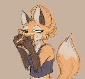 anthro brown_body brown_fur burger cheek_tuft clothing eating eyelashes facial_tuft fangs female food fur gloves_(marking) markings midriff narrowed_eyes orange_body orange_fur puffed_cheeks shitpost slob solo tail teeth tuft chamma_retsuden dungeons_of_aether rivals_of_aether fleet_(dungeons_of_aether) canid canine fox mammal 2026 bust_portrait digital_drawing_(artwork) digital_media_(artwork) hi_res meme portrait reaction_image