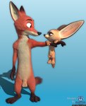 animal_genitalia anthro big_ears black_nose blue_background claws dangling duo feet front_view fur genitals gradient_background huge_ears lifting_another male male/male markings nude red_body red_fur retracted_sheath sheath simple_background size_difference smaller_male standing tail tan_body tan_fur text underbelly rockyrcoon disney zootopia finnick_(zootopia) nick_wilde canid canine fennec_fox fox mammal red_fox true_fox 3d_(artwork) absurd_res blender_(artwork) digital_media_(artwork) english_text hi_res watermark