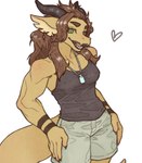 2_horns anthro biped bottomwear bracelet brown_clothing brown_hair brown_horn brown_shirt brown_tank_top brown_topwear clothing dog_tags eyebrows female green_eyes hair hand_on_hip hand_on_own_hip hands_on_hips heart_symbol horn jewelry long_hair muscular muscular_anthro muscular_female open_mouth sharp_teeth shirt shorts simple_background smile solo tail tan_bottomwear tan_clothing tan_shorts tank_top teeth topwear white_background yellow_body yellow_ears yellow_tail cerebropodrido mythology dragon mythological_creature mythological_scalie scalie 2024 digital_drawing_(artwork) digital_media_(artwork) hi_res portrait three-quarter_portrait