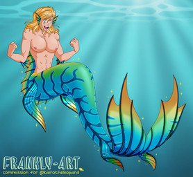 abs after_transformation blonde_hair dorsal_fin ear_fins elbow_fin excited fin fist hair happy long_hair male markings muscular muscular_chest muscular_male nipples pecs solo sparkles split_form striped_markings striped_tail stripes tail tail_markings transformation underwater waist water frankly-art aquatic humanoid merfolk