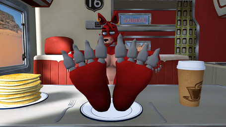 4_toes anthro beverage breakfast claws coffee coffee_cup container cup ear_piercing feet female food foot_fetish foot_focus fur grey_claws hair looking_at_viewer machine nude open_mouth open_smile pancake piercing red_body red_feet red_fur red_hair simple_background smile solo toe_claws toes white_eyes loveroomsfm disembowell_(modeler) five_nights_at_freddy's scottgames foxy_(fnaf) animatronic canid canine fox mammal red_fox robot robot_anthro true_fox 16:9 3d_(artwork) digital_media_(artwork) hi_res source_filmmaker_(artwork) widescreen