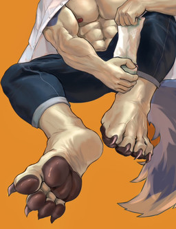 4_toes 5_fingers abs anthro barefoot biceps blue_bottomwear blue_clothing bottomwear brown_pawpads claws clothed clothing denim feet fingers foot_fetish foot_focus fur grey_body grey_fur male male_anthro muscular muscular_anthro muscular_male nipples open_clothing open_shirt open_topwear orange_background pants pawpads paws pecs plantigrade shirt simple_background sitting soles solo tail tan_body tan_fur toe_claws toes topwear vein white_body white_clothing white_fur white_topwear wrinkled_feet wrinkles haozhongqaq canid canine canis mammal wolf