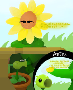 bodily_fluids cum duo flower genital_fluids heart_eyes heart_symbol male male/male oral plant pubes simple_background text mentafrita electronic_arts plants_vs._zombies popcap_games elemental_creature flora_fauna flower_creature humanoid peashooter_(pvz) sunflower_(pvz) hi_res spanish_text translated