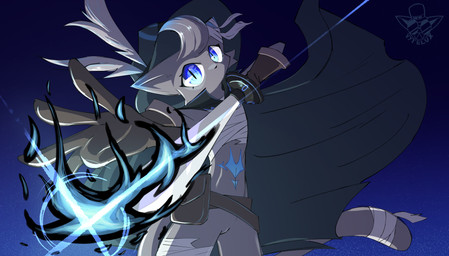 ambiguous_gender anthro blue_eyes clothing fire gloves grey_body handwear hat headgear headwear holding_object holding_weapon solo weapon vytelux ponos_corp. the_battle_cats d'arktanyan_(the_battle_cats) domestic_cat felid feline felis mammal absurd_res hi_res
