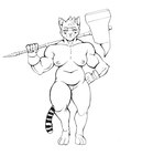 3_toes 5_fingers anthro areola armor barbell_piercing barefoot biceps biped breasts cheek_markings cheek_tuft chest_tuft clothing collarbone deltoids ear_piercing eyebrow_piercing eyebrows facial_markings facial_piercing facial_tuft feet female female_anthro fingers front_view fur fur_tuft gauntlets gauntlets_only genitals gloves gloves_only hair half-closed_eyes hammer hammer_over_shoulder hand_on_hip handwear handwear_only head_markings holding_hammer holding_maul holding_melee_weapon holding_object holding_tool holding_weapon industrial_piercing looking_at_viewer markings maul melee_weapon mostly_nude musclegut muscular muscular_anthro muscular_female narrowed_eyes nipple_piercing nipples nude nude_anthro nude_female piercing pointy_ears prick_ears pubes pupils pussy ring_(marking) ringed_tail simple_background slightly_chubby slightly_chubby_anthro slightly_chubby_female slit_pupils solo standing striped_markings striped_tail stripes tail tail_markings thick_thighs toes tools tuft weapon weapon_on_shoulder white_background possumcrimes hasbro pathfinder wizards_of_the_coast catfolk felid mammal 2020 absurd_res black_and_white digital_drawing_(artwork) digital_media_(artwork) full-length_portrait hi_res monochrome portrait