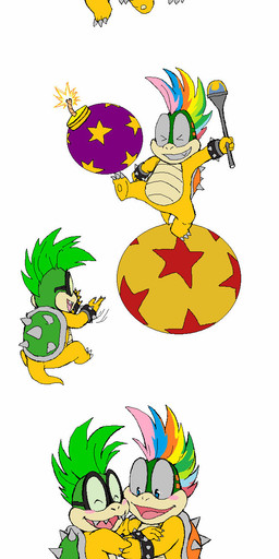 age_progression aged_down ball birth blonde_hair bomb bracelet duo egg explosives eyewear glasses green_hair green_shell hair hatching_from_egg jewelry magic_wand male multicolored_hair neonate on_ball orange_shell pacifier rainbow_hair shell simple_background spiked_bracelet spikes wearing_glasses white_background yellow_body young zetsho mario_bros new_super_mario_bros._u nintendo iggy_koopa koopaling lemmy_koopa dragon_koopa koopa scalie 2014 hi_res brother_(lore) brothers_(lore) sibling_(lore)