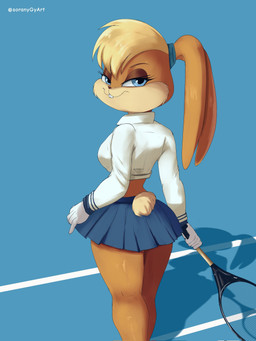 anthro blonde_hair blue_eyes bottomwear breasts buckteeth clothing eyelashes female hair ponytail_ears shadow skirt smile solo sport tail teeth tennis tennis_court tennis_racket soranygyart looney_tunes warner_brothers lola_bunny lagomorph leporid mammal rabbit 3:4 hi_res