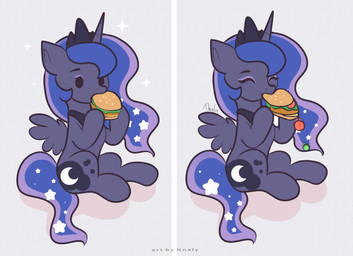 burger crescent_moon_(marking) cutie_mark dot_eyes eating eyelashes eyes_closed eyeshadow falling female female_feral feral food fruit grey_background grey_body grey_horn grey_wings hair happy holding_food holding_object horn makeup markings moon_(marking) plant purple_eyeshadow purple_hair purple_tail simple_background simple_eyes sitting smile solo sparkles sparkling_hair sparkling_tail spread_wings tail text tomato wings nnalyart friendship_is_magic hasbro my_little_pony mythology princess_luna_(mlp) equid equine mammal mythological_creature mythological_equine winged_unicorn artist_name digital_drawing_(artwork) digital_media_(artwork) english_description flat_colors hi_res
