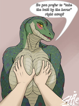 ambiguous_gender anthro big_breasts breast_grab breast_squish breasts duo female female/ambiguous female_focus first_person_view hand_on_breast non-mammal_breasts pov_hands solo_focus speech_bubble squish stille crocodile crocodilian human mammal reptile scalie absurd_res hi_res