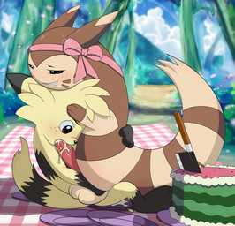 accessory anal anal_penetration blush bodily_fluids bow_(feature) bow_accessory bow_ribbon cake cloud cum cum_in_ass cum_in_mouth cum_inside cum_on_ground dessert detailed_background duo erection fellatio food forest fruit genital_fluids genitals hair_accessory hair_bow hair_ribbon knife male male/male male_penetrated male_penetrating male_penetrating_male melon oral oral_penetration oral_while_penetrating orgasm outside penetration penile penis picnic picnic_blanket plant plate ribbons sex sky tail tree watermelon watermelon_cake conditional_dnp tricksta nintendo pokemon flurret furret generation_2_pokemon mammal mustelid pokemon_(species) absurd_res hi_res