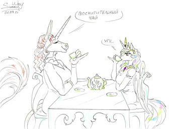 alacorna anthro beverage dialogue duo equis_universe female female/female horn humor party royalty size_difference speech_bubble tea text wings sunny_way friendship_is_magic hasbro my_little_pony kelesta princess_celestia_(mlp) equid equine horse mammal pony 2021 russian_text traditional_media_(artwork) translated