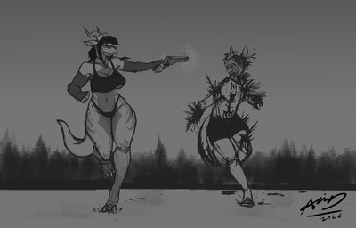 2_horns anthro armwear barcode blood bodily_fluids bottomwear clothed clothing curvy_figure duo eyewear fangs female forest forest_background gore gun handgun horn male male/female nature nature_background open_mouth plant ranged_weapon red_eyes revolver running shirt shorts tail tank_top teeth topwear tree underwear voluptuous weapon wide_hips wounded anonymous_artist canid canine canis mammal scalie undead wolf zombie 2026 absurd_res hi_res monochrome signature