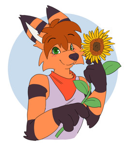 anthro black_stripes brown_hair cheek_tuft clothed clothing facial_tuft flower front_view fur glistening glistening_eyes gloves_(marking) green_eyes grey_clothing grey_topwear hair holding_flower holding_object holding_sunflower kerchief looking_at_viewer male male_anthro markings neckerchief neckwear orange_body orange_fur plant red_kerchief red_neckerchief short_hair smile solo striped_arms stripes sunflower topwear tuft hardscales canid canine mammal absurd_res half-length_portrait hi_res portrait